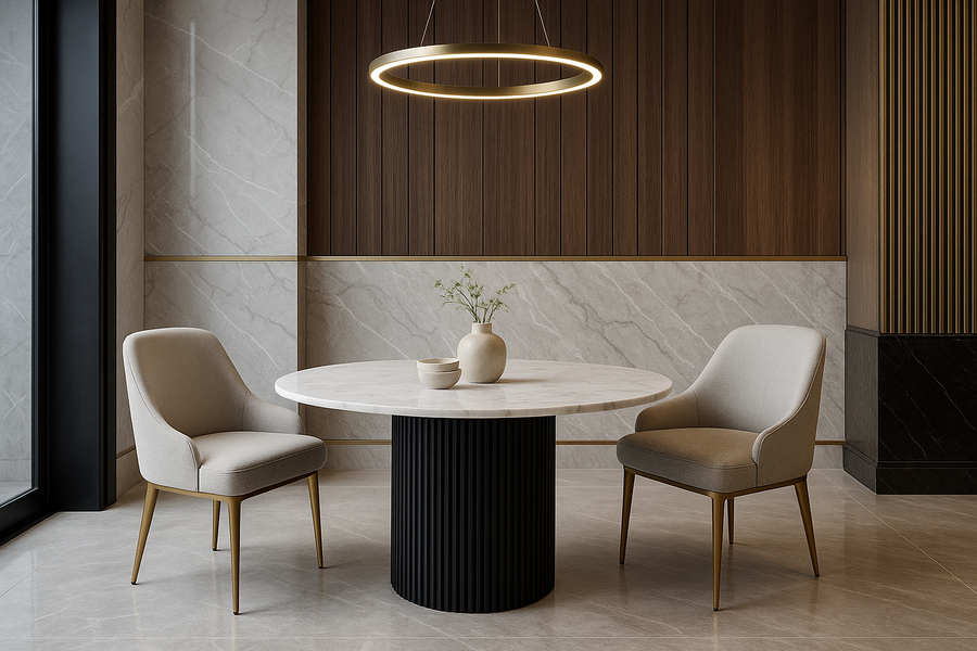 Kelby Natural Marble Round Dining Table With Black Wooden Legs