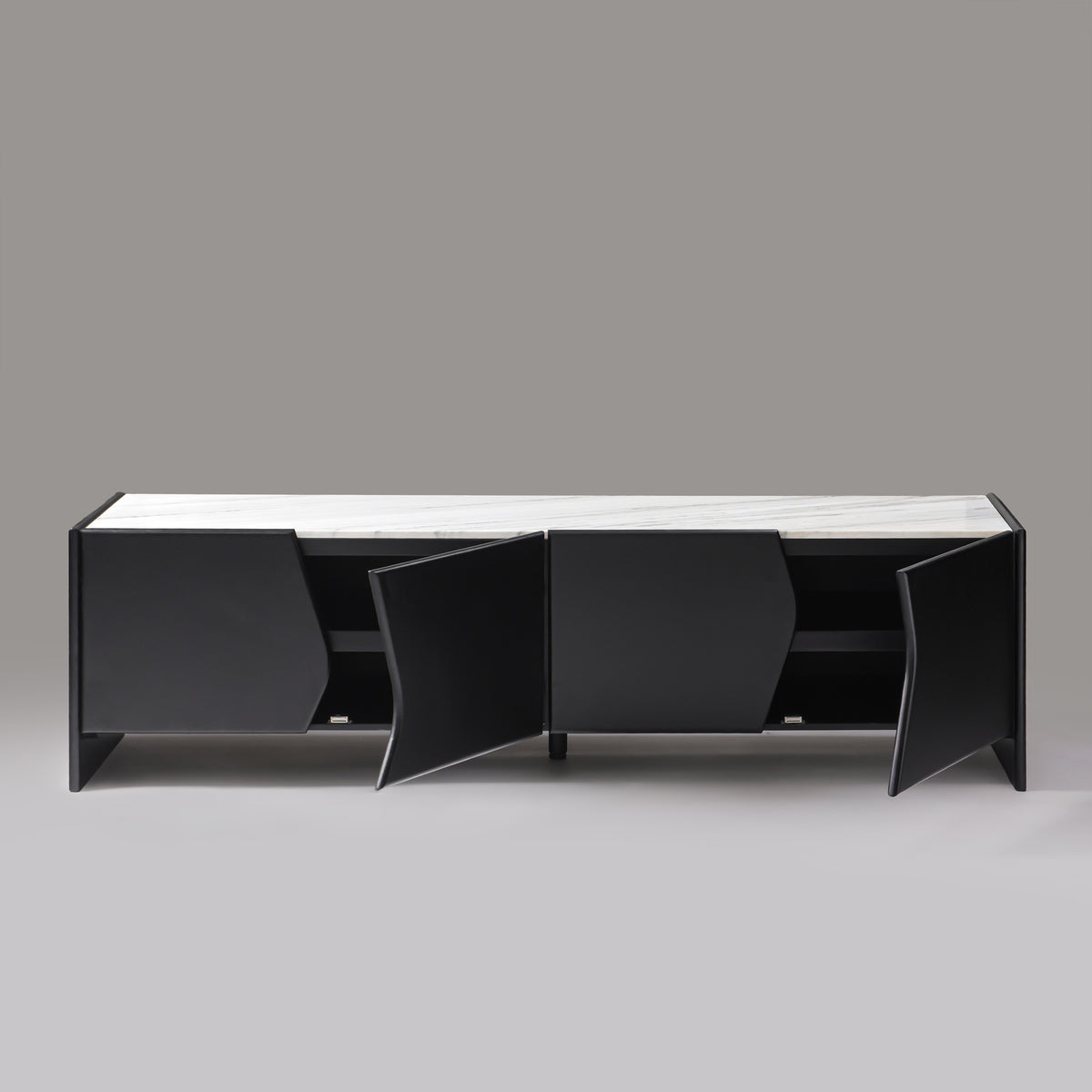 Ares black matte TV unit with doors open