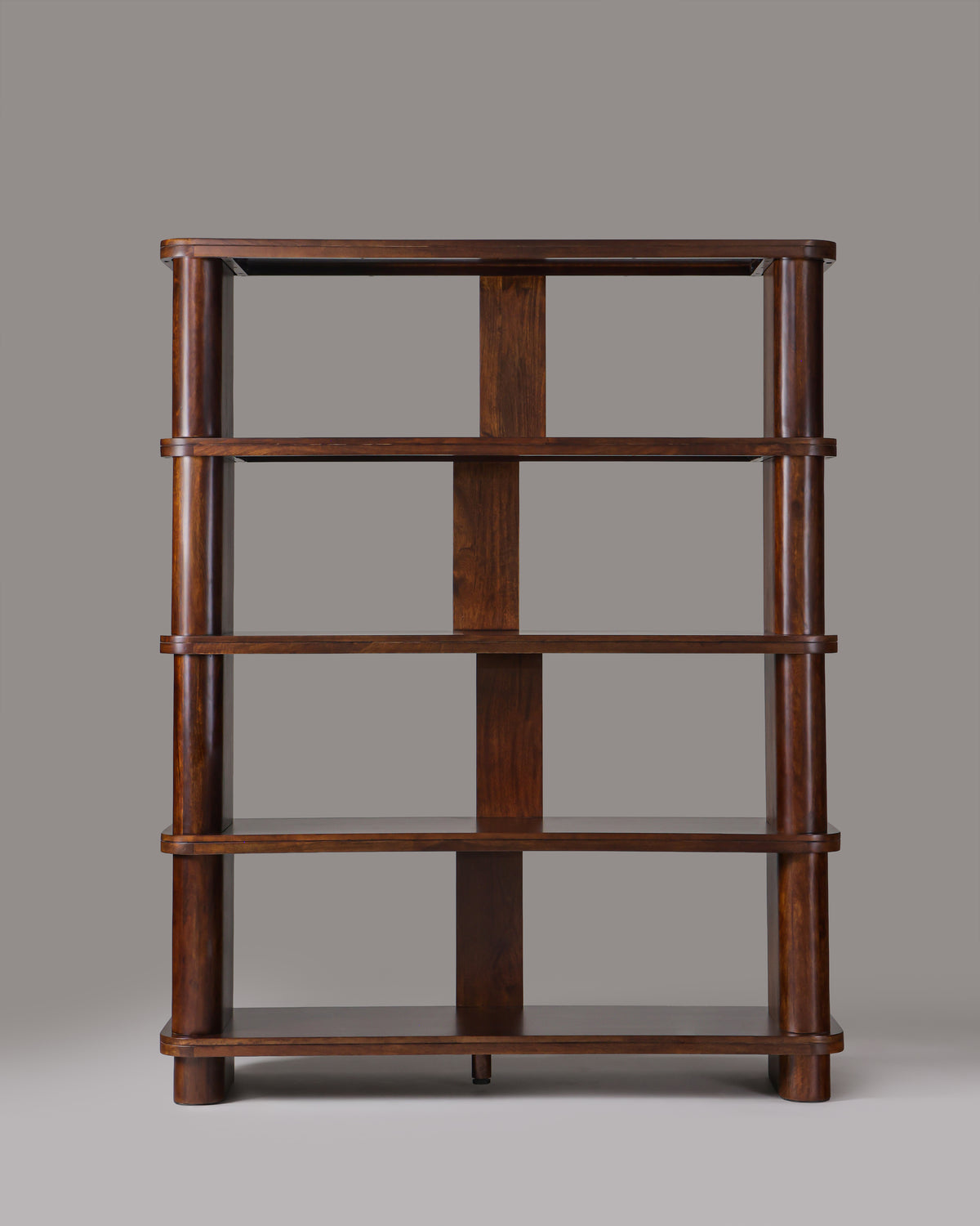 Cinder dark brown bookshelf, front view showing staggered dividers