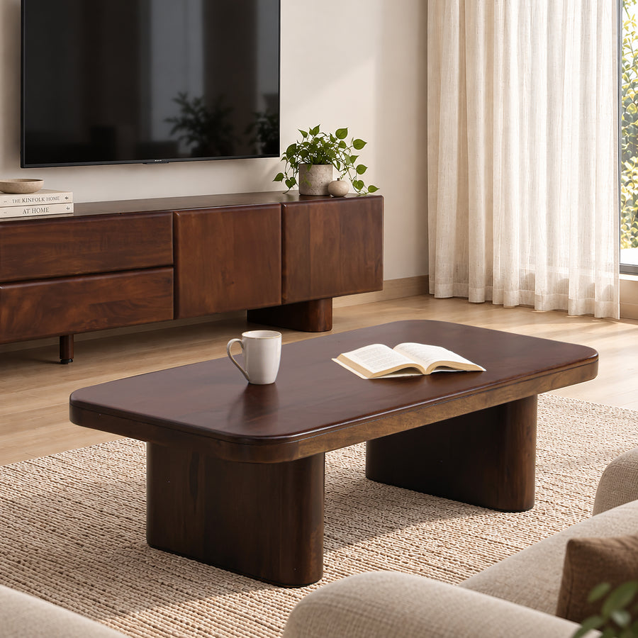 Cinder wooden coffee table in dark brown, lifestyle view