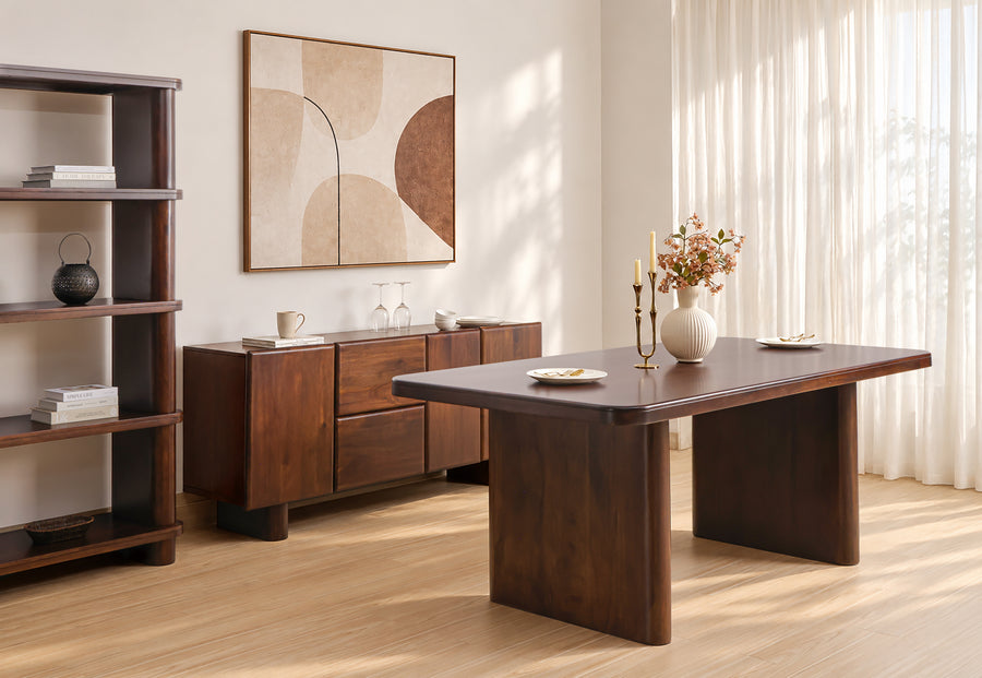 Cinder wooden dining table 200cm in dark brown with chairs, lifestyle view