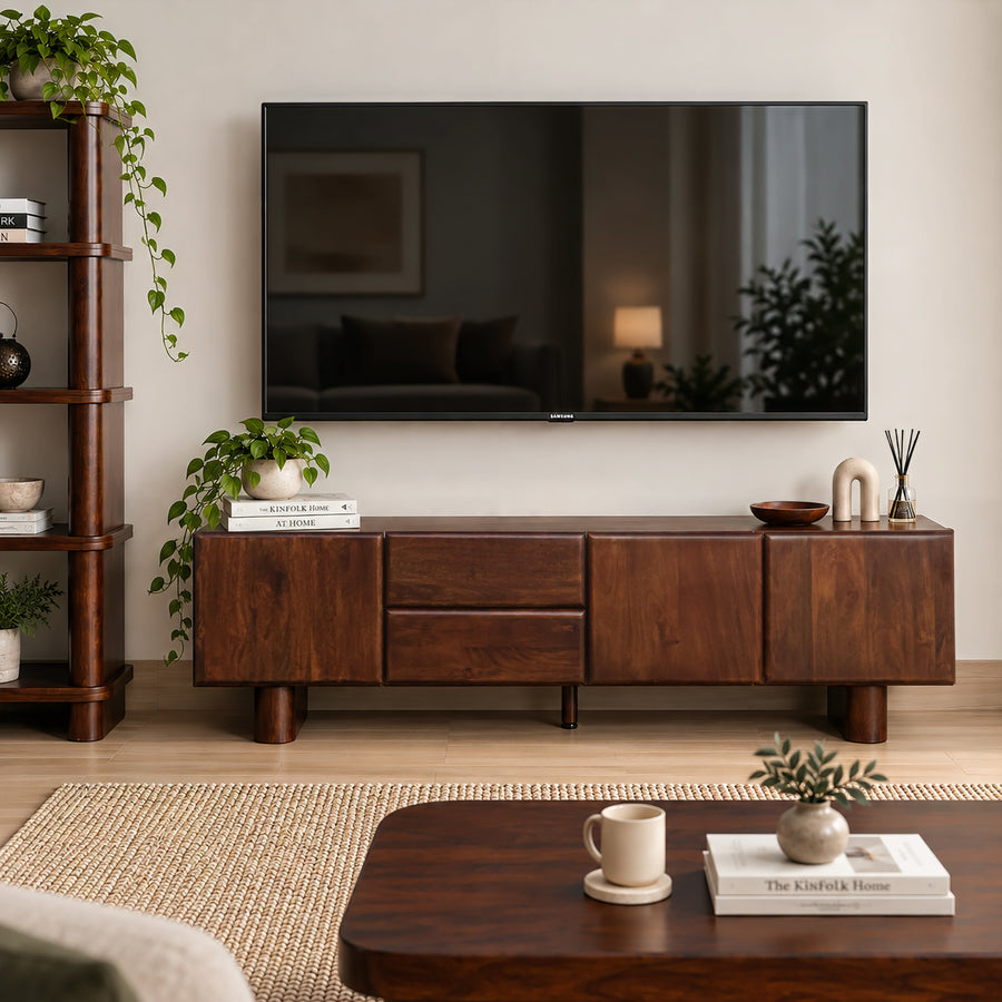 Cinder mango wood TV unit 200cm in dark brown, living room setting