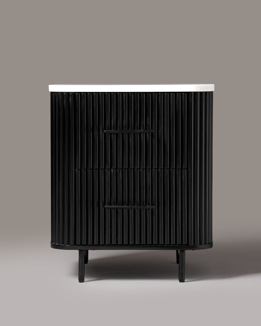 Kelby natural marble top bedside table in black, front view