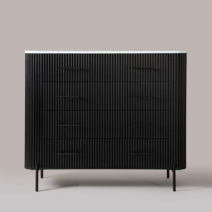 Kelby natural marble tallboy with 4 drawers in black, front view