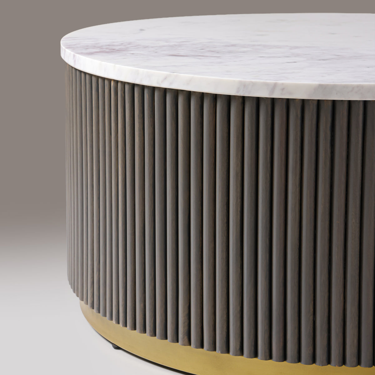 Natural white marble top on Kelby round coffee table, from above