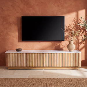 Kelby Fluted Marble Top TV Unit 200cm - Blonde