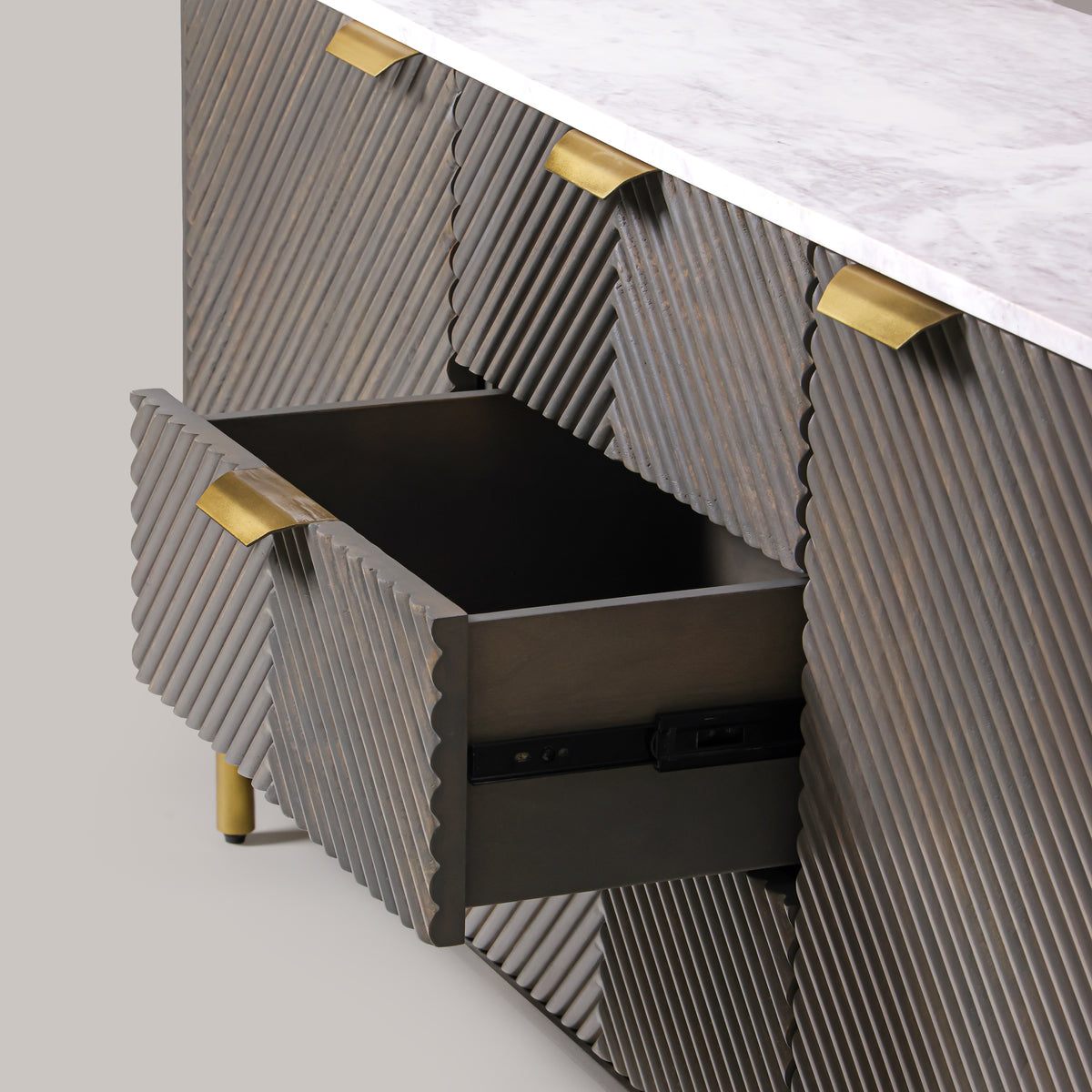 Kelby Mist Grey buffet showing hand-finished chevron fluting