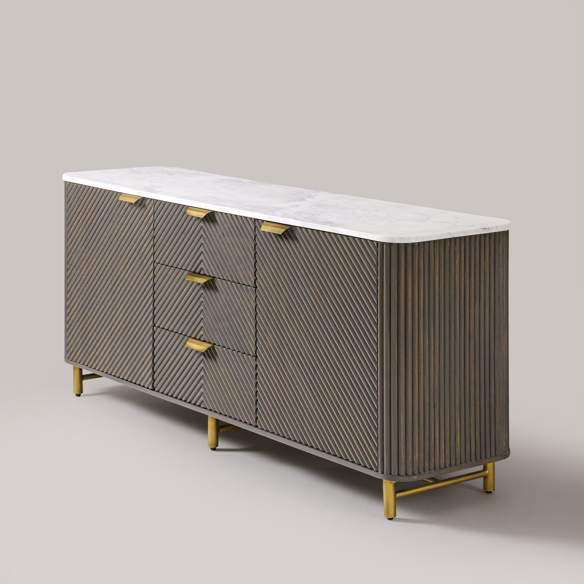 Kelby Mist Grey fluted buffet with gold-finish handles and metal legs