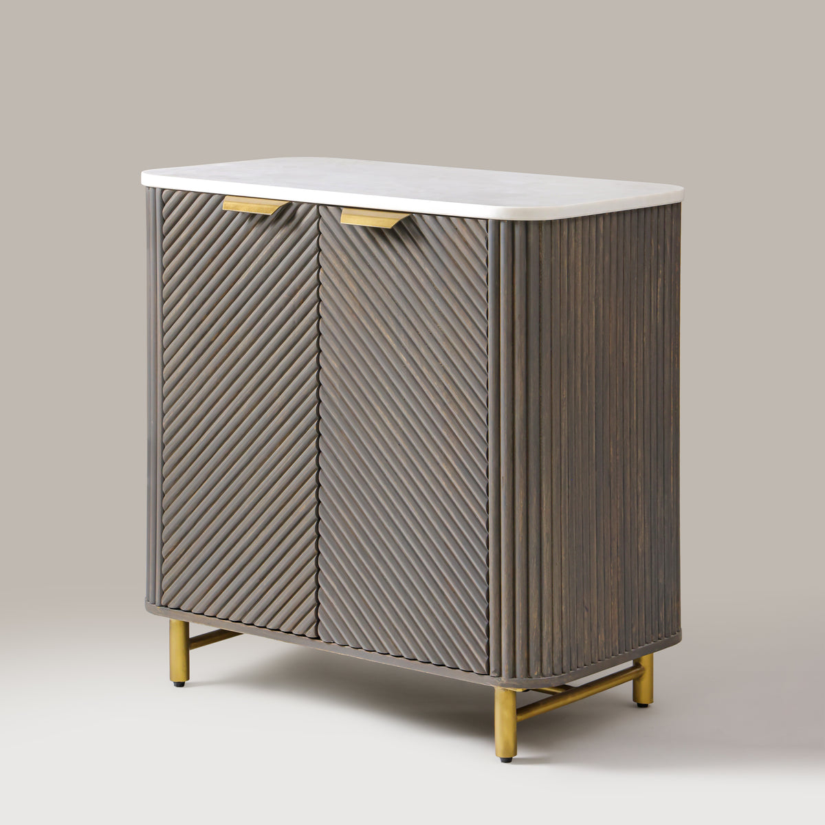 Kelby Mist Grey small buffet showing hand-finished chevron fluting and gold-finish handles