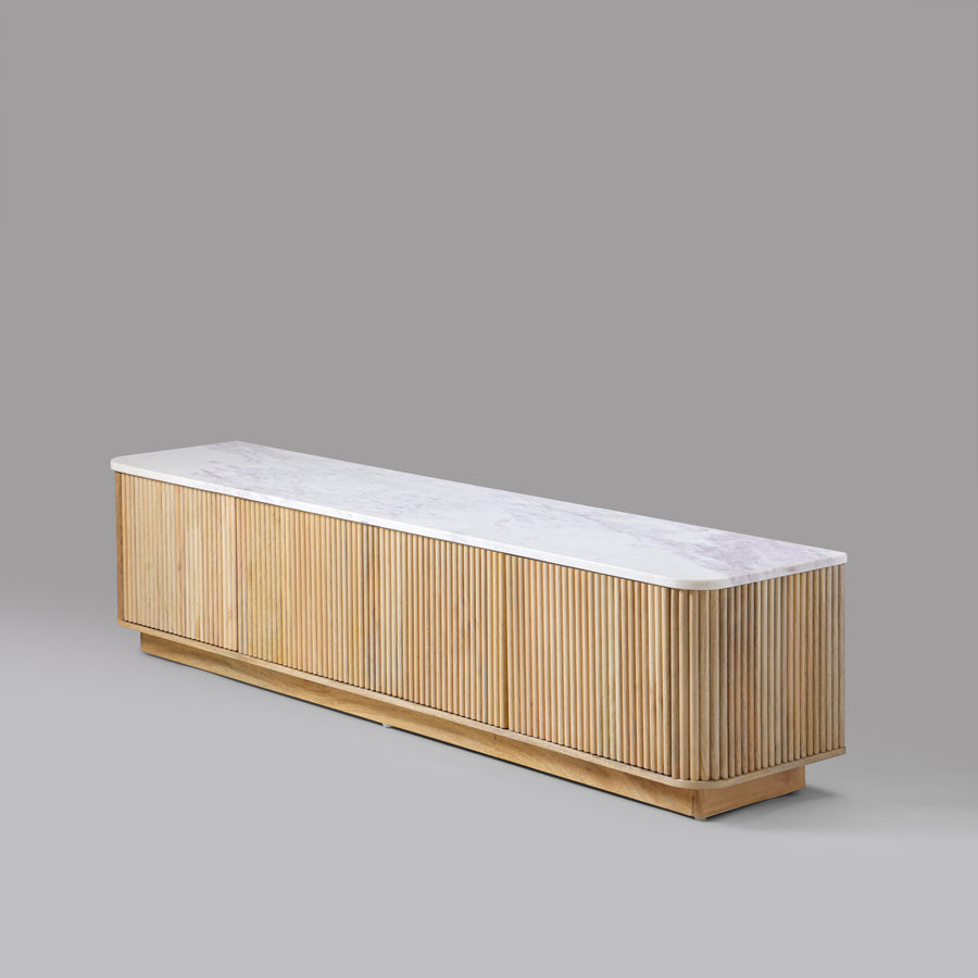 Kelby Blonde fluted TV unit, angled view