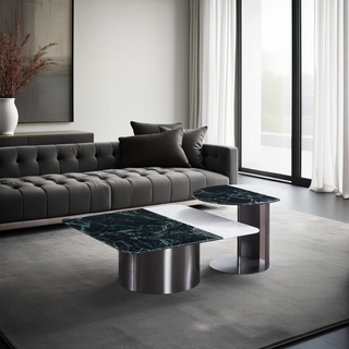 Domus Natural Marble Coffee Table Set With Titanium Grey Stainless Steel Base