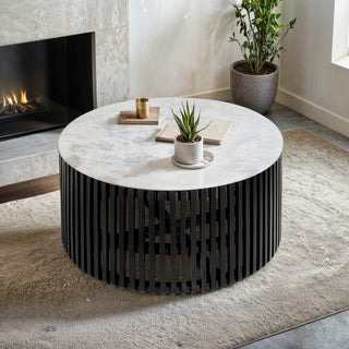 Moorooka Natural Marble/Mango Wood Round Coffee Table - Black