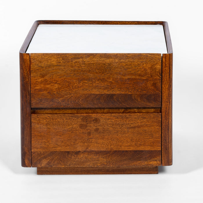 Savoy Bedside Table with 2 Drawers – Natural Marble Top & Mango Wood