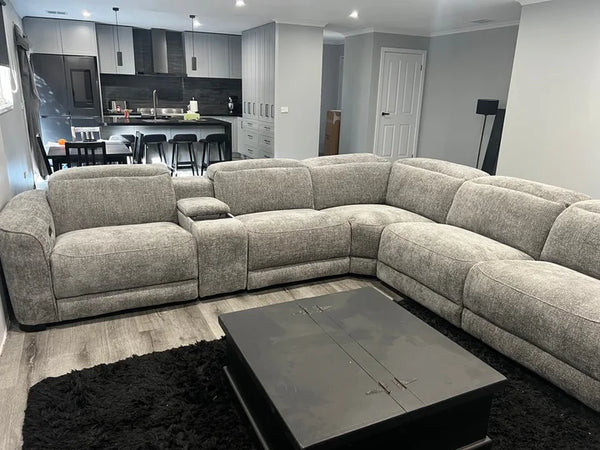 Windsor Modular Fabric Lounge with Dual Electric Recliners, Electric Headrests & Console with Wireless Charging & Cup Holders - Cobblestone customer photo