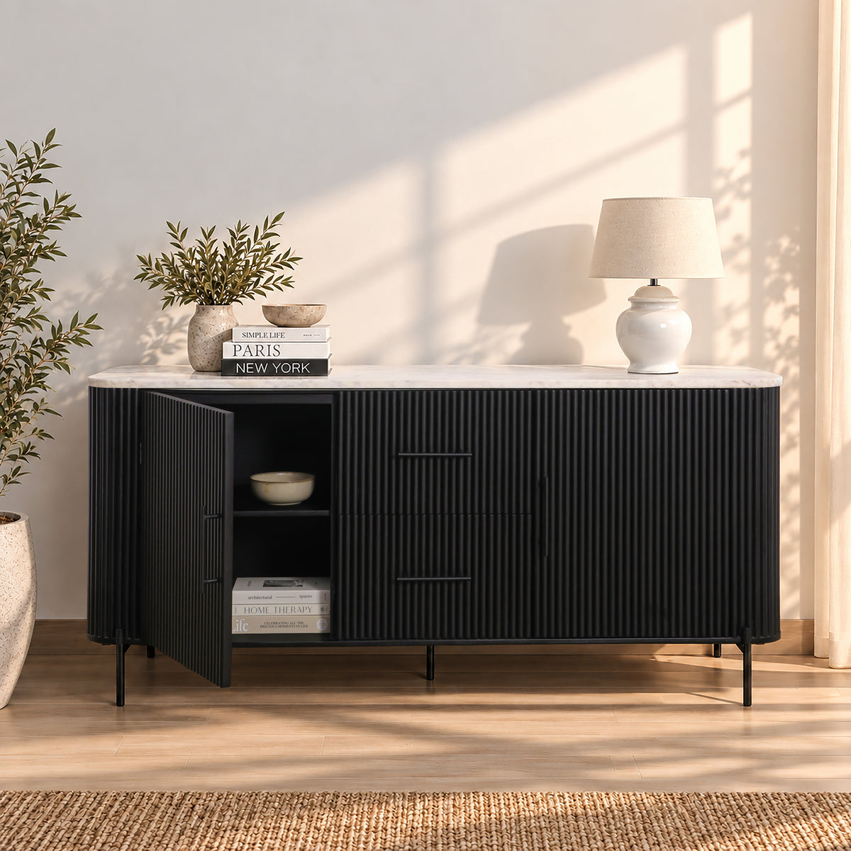 Kelby black buffet with door open showing internal shelf