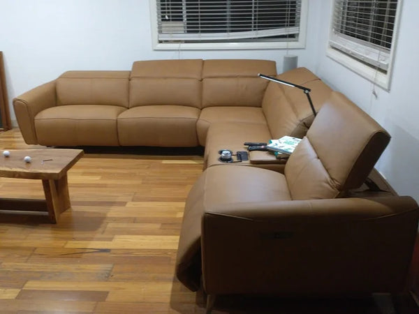 Bronte Modular Genuine Leather Sofa with Dual Electric Recliners, Electric Headrests, LED Light Console, Wireless Charging & Storage customer photo