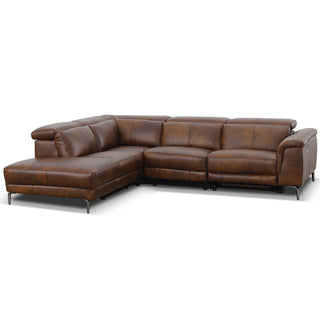 Dromana 5 Seat LHF Genuine Leather Corner Terminal With Electric Recliner - Cognac Brown