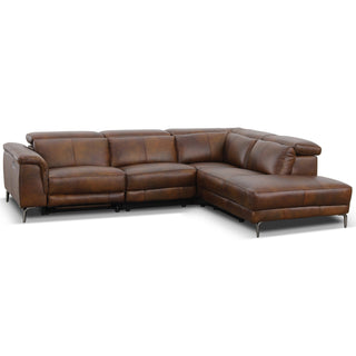 Dromana 5 Seat RHF Genuine Leather Corner Terminal With Electric Recliner - Cognac Brown