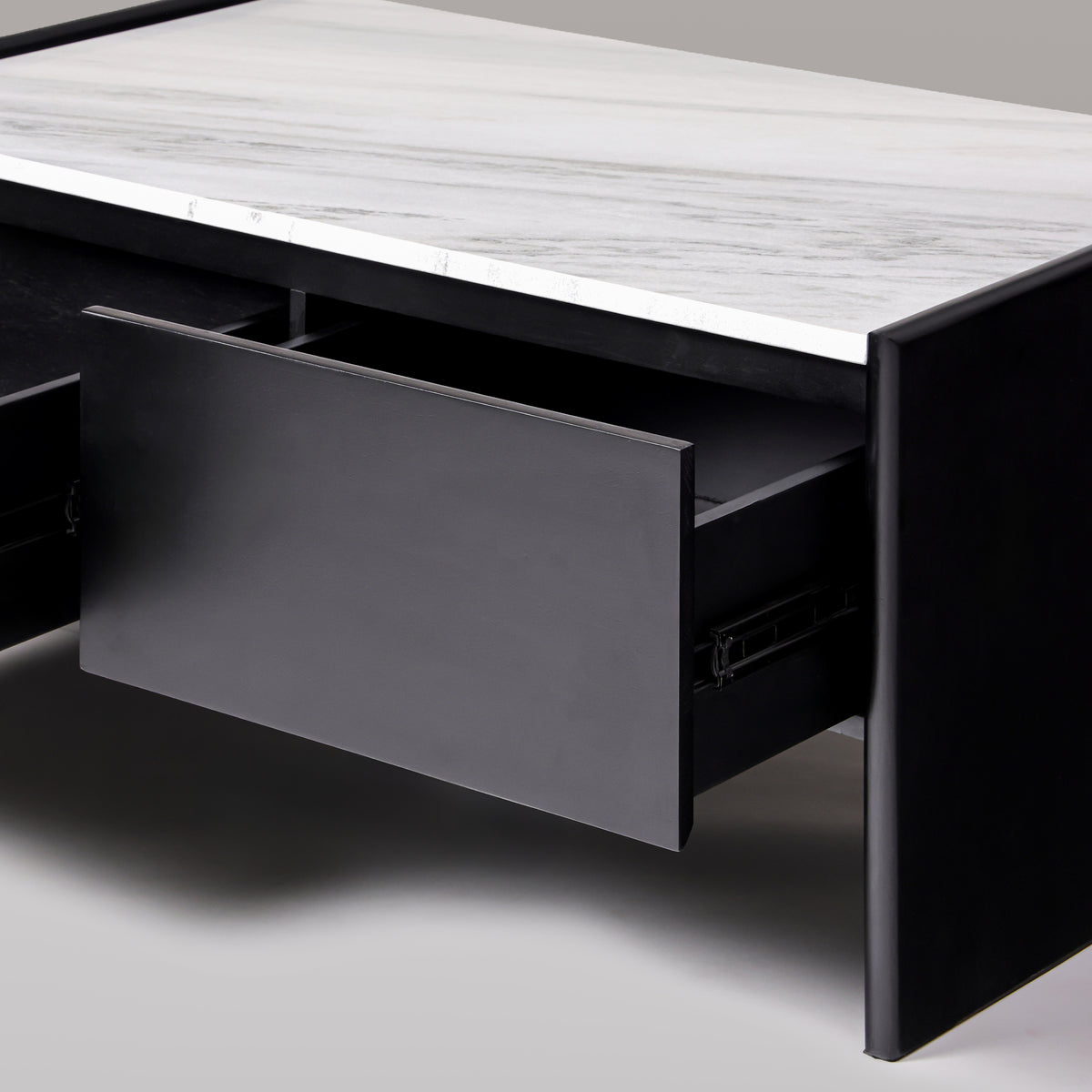 Ares black coffee table with handle-free drawers open