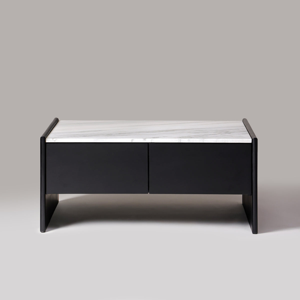 Ares black marble top coffee table with drawers, front view