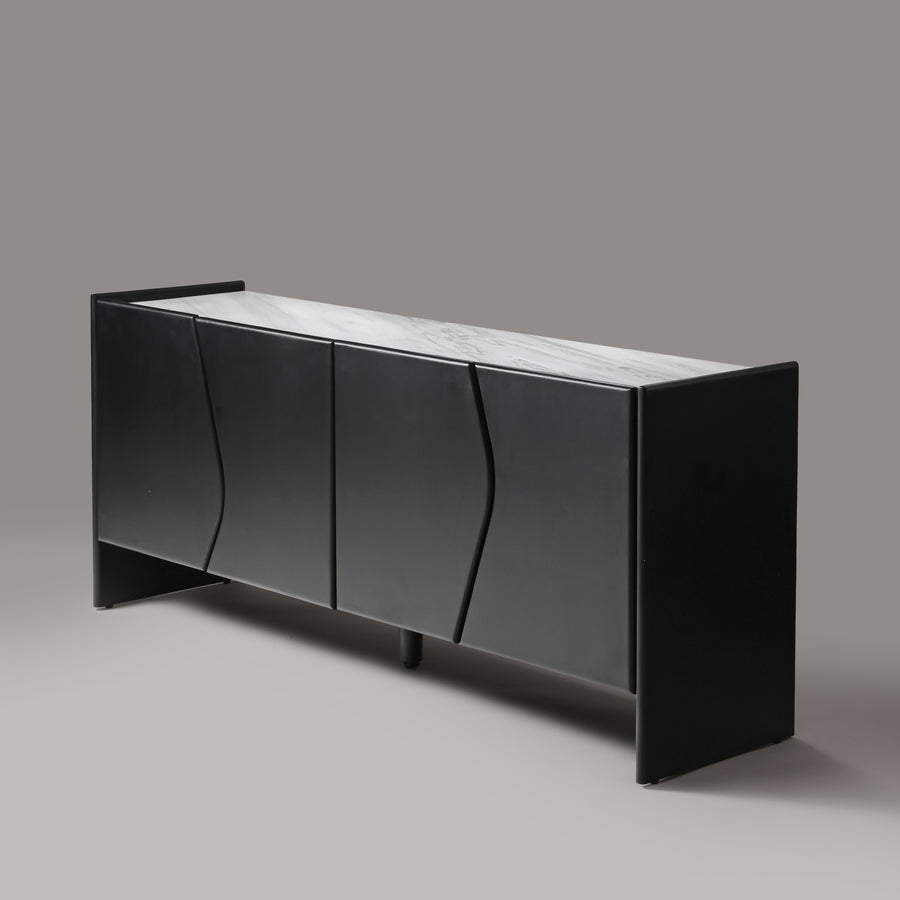 Ares black matte sideboard with natural white marble top, angled view