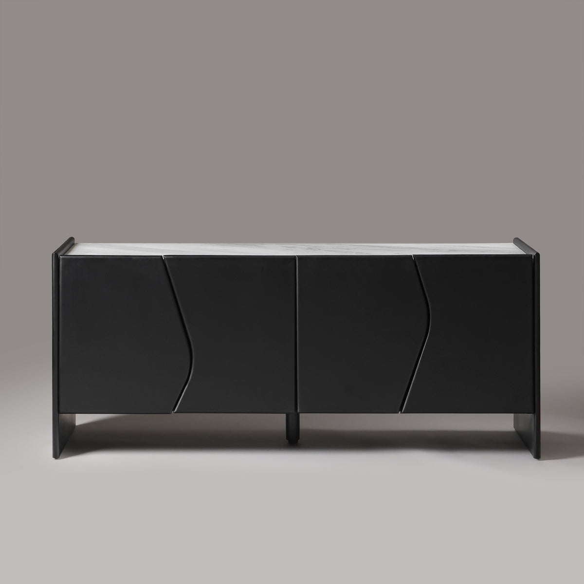 Ares black marble top sideboard 180cm with wave-cut wood doors, front view