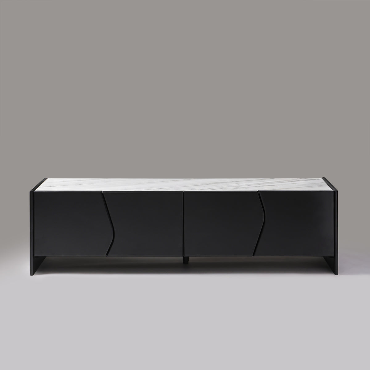 Ares black marble top TV unit 200cm with wave-cut wood doors, front view