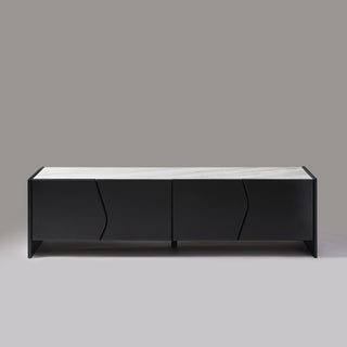 Ares black marble top TV unit 200cm with wave-cut wood doors, front view