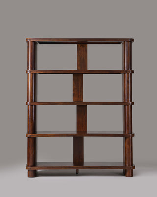 Cinder dark brown bookshelf, front view showing staggered dividers