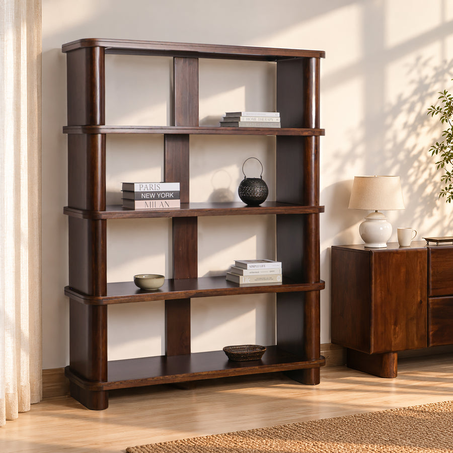 Cinder wooden bookshelf 180cm in dark brown, lifestyle side view