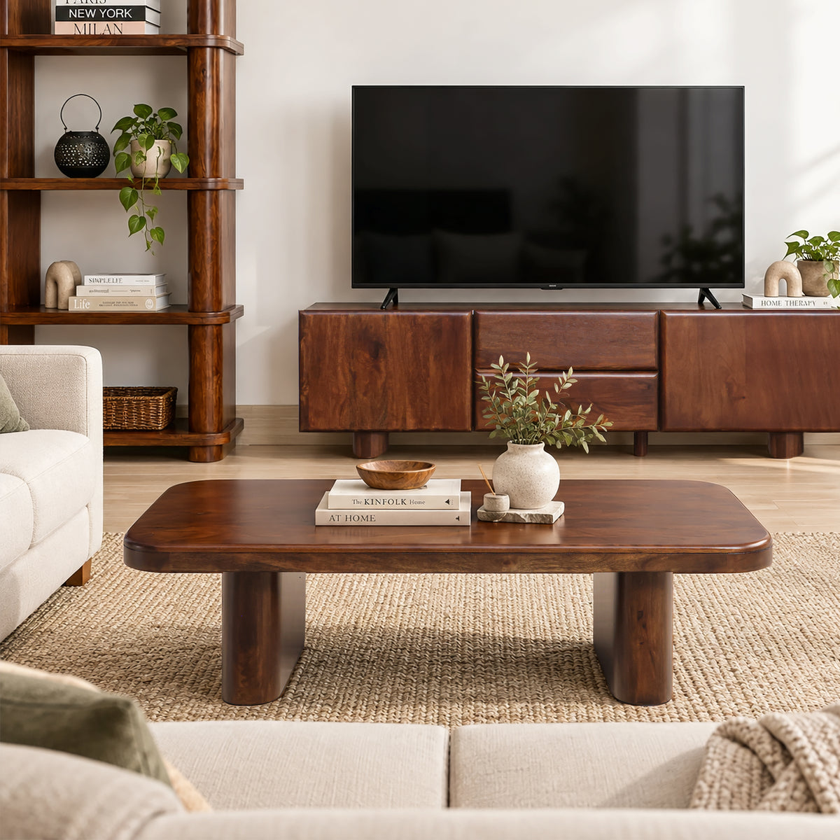Cinder collection in dark brown mango wood: coffee table, TV unit and bookshelf