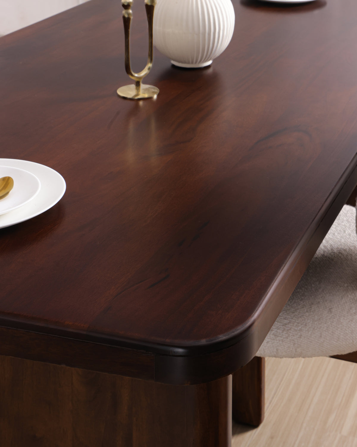 Close-up of Cinder dining table thick top edge