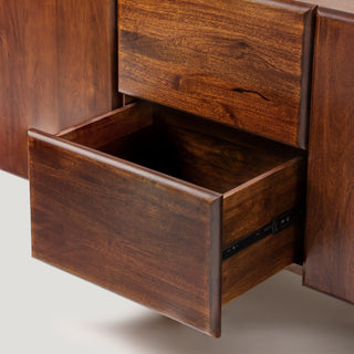 Close-up of mango wood grain on Cinder sideboard