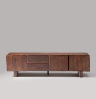 Cinder dark brown mango wood TV unit, front view