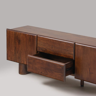 Cinder TV unit with drawer open showing handle-free rounded pull edge