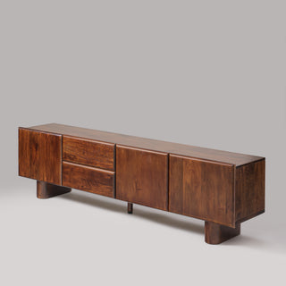 Close-up of mango wood grain on Cinder TV unit