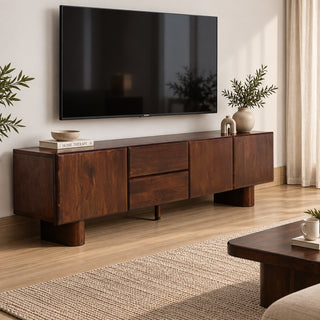 Cinder TV unit side view showing slab legs and timber grain