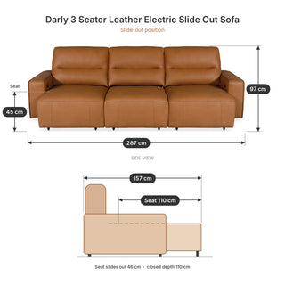 Darly 3 Seater Leather Electric Slide Out Sofa - dimensions 2
