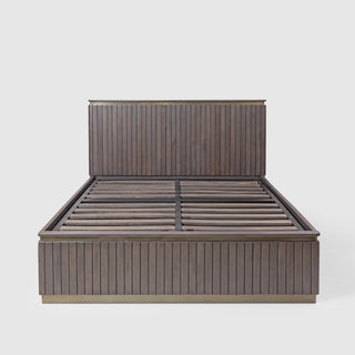 Piano Queen Bed with Hydraulic Lift – Mango Wood, Smoky Grey