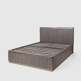 Piano Queen Bed with Hydraulic Lift – Mango Wood, Smoky Grey