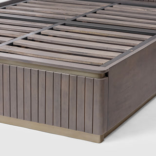 Piano Queen Bed with Hydraulic Lift – Mango Wood, Smoky Grey