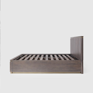 Piano Queen Bed with Hydraulic Lift – Mango Wood, Smoky Grey