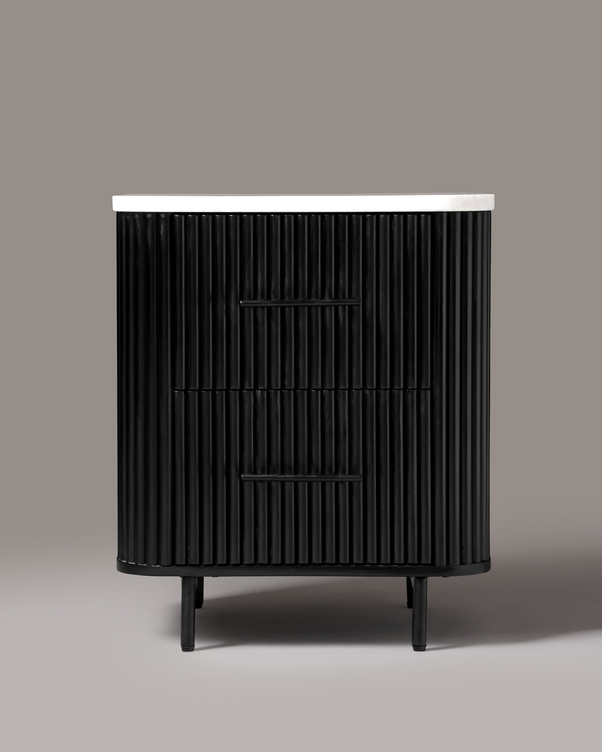 Kelby natural marble top bedside table in black, front view