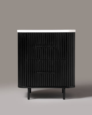 Kelby natural marble top bedside table in black, front view