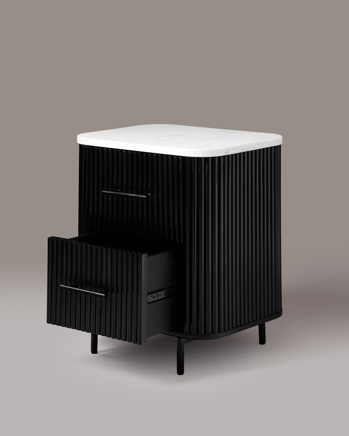 Kelby black bedside table with drawer open