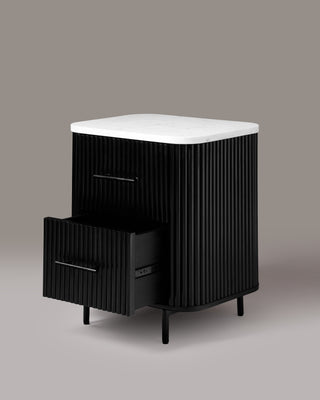 Kelby black bedside table with drawer open