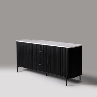Kelby natural marble top buffet in black, angled view