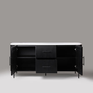 Kelby black buffet with doors and drawer open showing storage