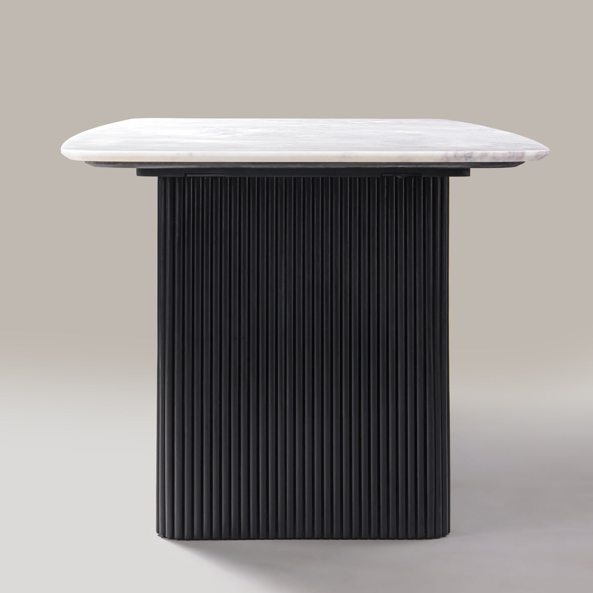 Kelby marble dining table with black legs, end view
