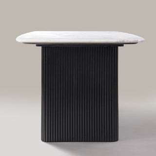 Kelby marble dining table with black legs, end view